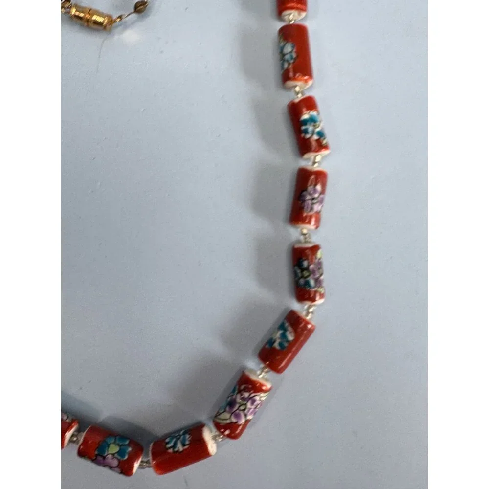 Vintage Chinese Cloisonne Floral Glass Bead Necklace With Barrel Clasp 22" Red M - Picture 8 of 9
